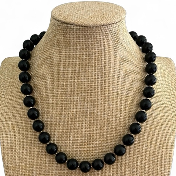 Vintage Jewelry - Vintage Black Lucite Beaded Necklace with Gold Spacers & Hidden Clasp